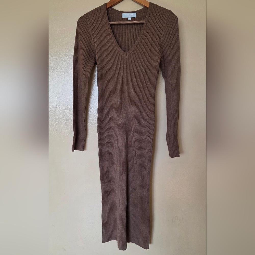 Weekend Los Angeles Wool Blend Ribbed V-Neck Maxi Knit Dress M Chocolate Brown